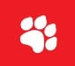 A white paw print on top of a red background.